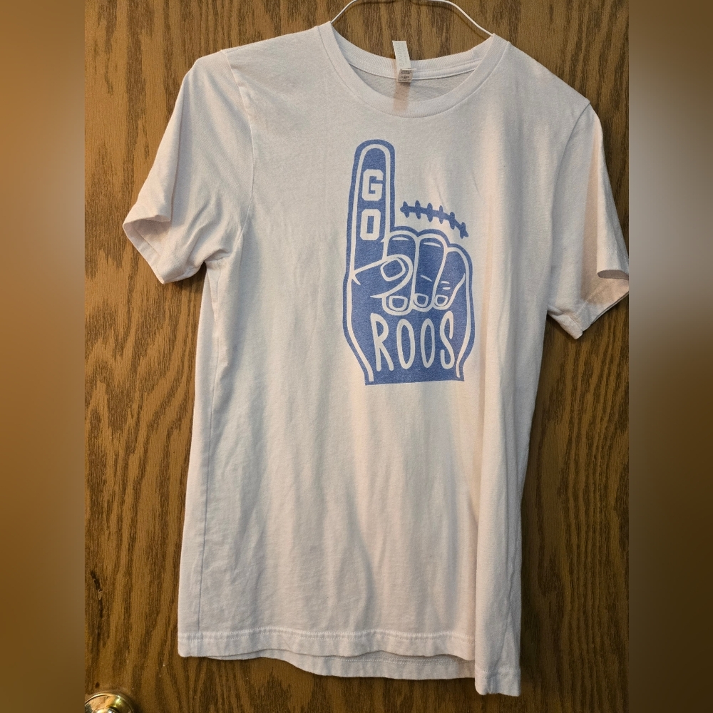 Ladies White and Blue Graphic T-Shirt With "Go ROOS" On The Front. Size Medium